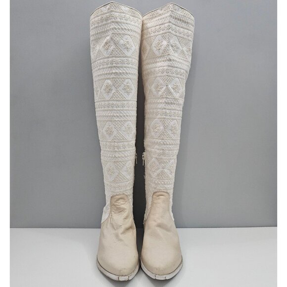 Free People Bren Knee High Boot Womens EU 39 Cream Embroidered Boho Slouchy - Picture 5 of 16